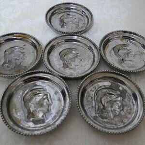 Vintage Mercury Glass Silver Spartan Roman Trojan Head Coasters Set Of 6 3.5”